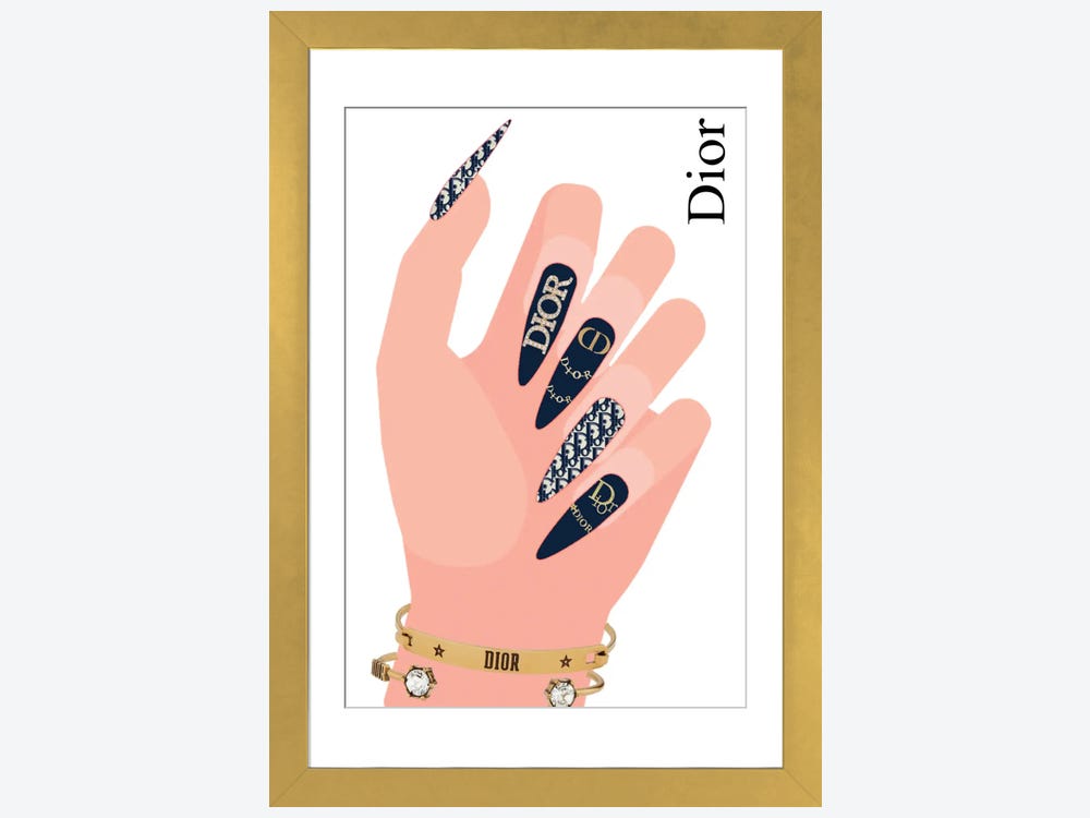Framed Canvas Art (Champagne) - Dior Stiletto Nails with Nail Art by Julie Schreiber ( Fashion > Fashion Brands > Dior art) - 26x18 in