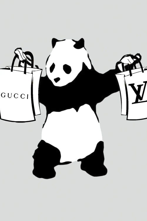 Gucci and Louis Vuitton Panda with Guns by Julie Schreiber Fine Art Paper Print ( Hobbies & lifestyles > Shopping art) - 24x16x.25