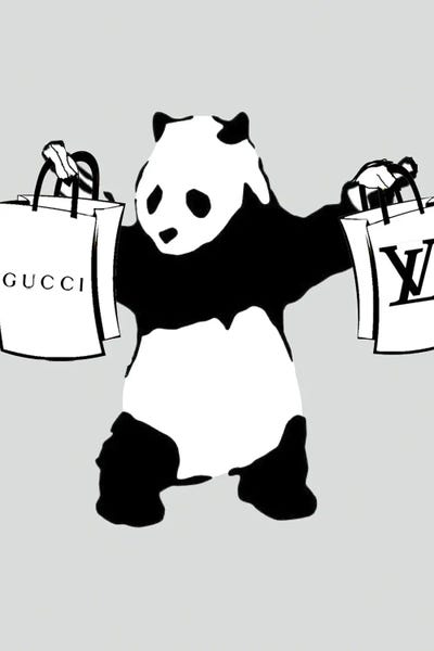 Black & White Pop Culture Art: Gucci And Louis Vuitton Panda With Guns by Julie Schreiber