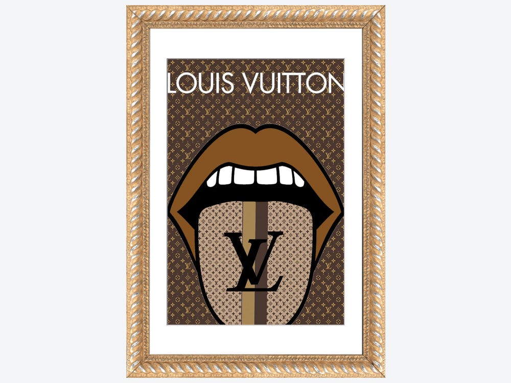 Framed Canvas Art (Gold Floating Frame) - Louis Vuitton Pink Glitter Lips by Julie Schreiber ( Fashion > Fashion Brands > Louis Vuitton art) - 26x18