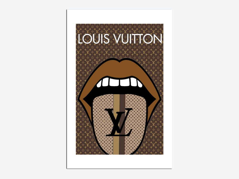 Framed Canvas Art (Champagne) - Louis Vuitton Pink Glitter Lips by Julie Schreiber ( Fashion > Fashion Brands > Louis Vuitton art) - 26x18 in