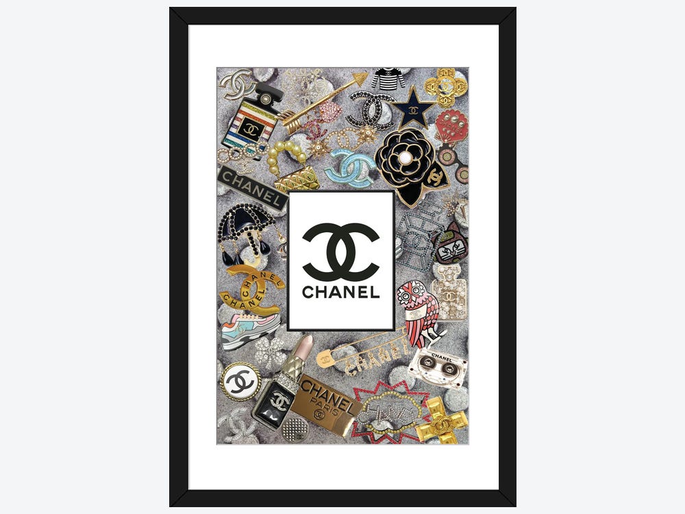 Framed Canvas Art (Gold Floating Frame) - Chanel and More Dripping Logo with Border by Julie Schreiber ( Fashion > Fashion Brands > Louis Vuitton art)