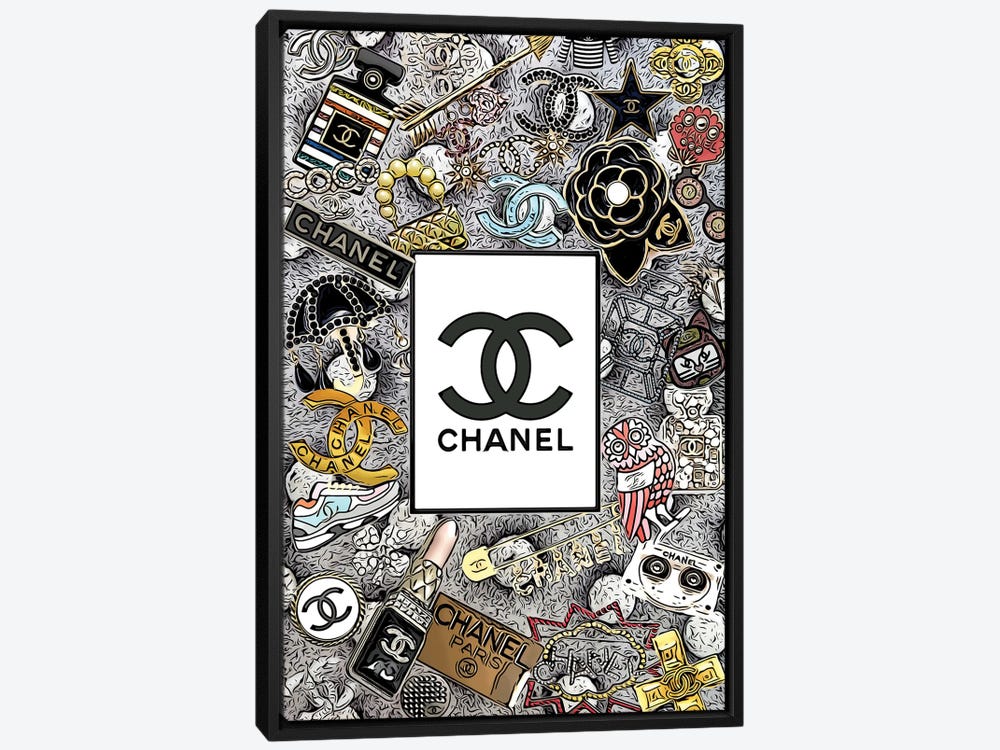 Framed Canvas Art - Chanel Logos Drawing by Julie Schreiber ( Fashion > Hair & Beauty > Perfume Bottles art) - 26x18 in