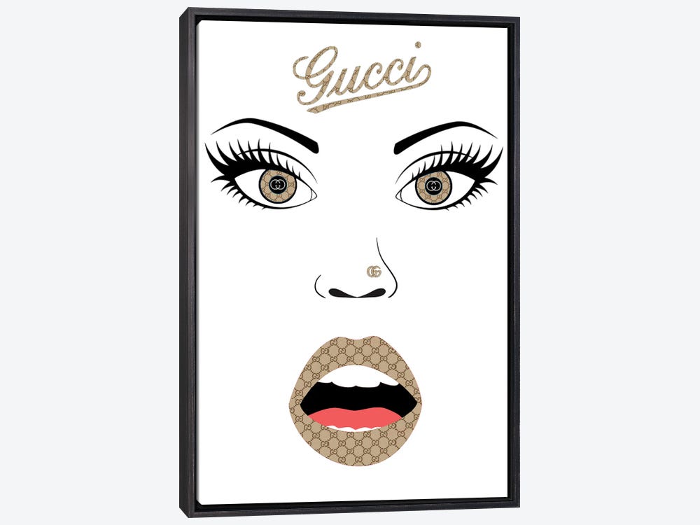 Framed Canvas Art (Champagne) - Gucci Logo Dripping Lips by Julie Schreiber ( Fashion > Fashion Brands > Gucci art) - 26x18 in