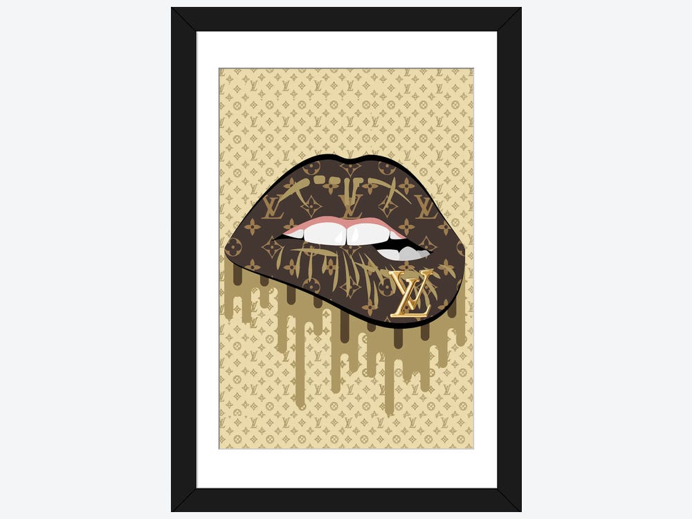 Framed Canvas Art (Champagne) - Louis Vuitton Graffiti Lips by Julie Schreiber ( Fashion > Fashion Brands > Louis Vuitton art) - 26x18 in
