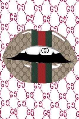 Gucci Green Logo Red Lips Pattern with Gold Gucci Logo by Julie Schreiber Fine Art Paper Print ( Fashion > Fashion Brands > Gucci art) - 24x16x.25