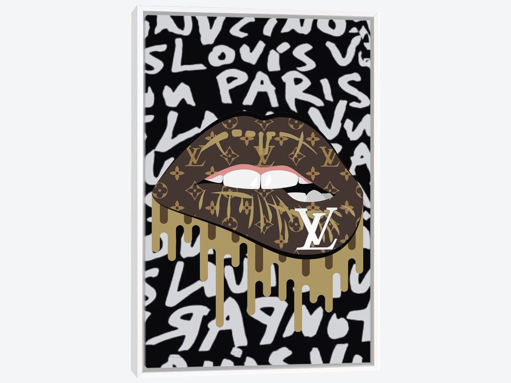 Framed Canvas Art (Gold Floating Frame) - Louis Vuitton Gold Lips by Julie Schreiber ( Fashion > Fashion Brands > Louis Vuitton art) - 26x18 in