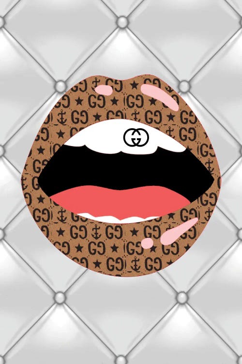 Framed Canvas Art (Champagne) - Gucci Black Logo Gold Tooth Lips by Julie Schreiber ( Fashion > Fashion Brands > Gucci art) - 26x18 in
