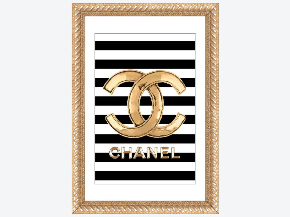 Framed Canvas Art (Gold Floating Frame) - Chanel and More Dripping Logo with Border by Julie Schreiber ( Fashion > Fashion Brands > Louis Vuitton art)