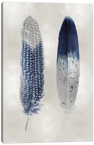Blue Feather Pair On Silver Canvas Art Print - Top Art