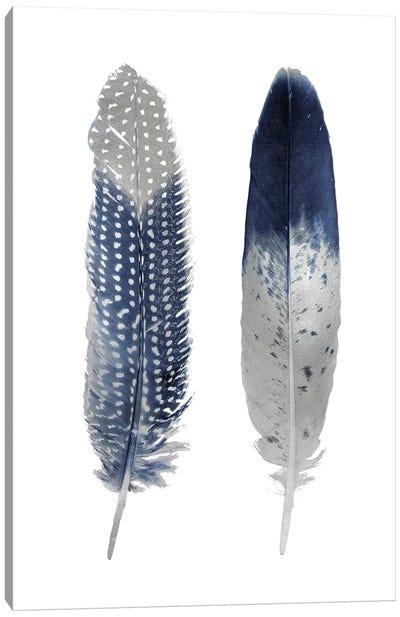 Blue Feather Pair On White Canvas Art Print - Feather Art