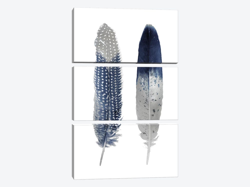 Blue Feather Pair On White by Julia Bosco 3-piece Canvas Wall Art