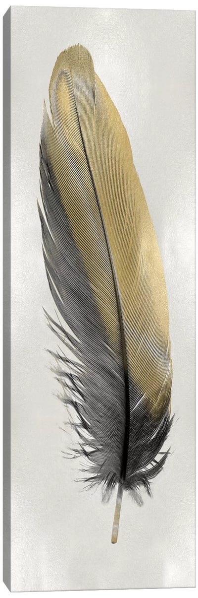 Gold Feather On Silver I Canvas Art Print - Black, White & Gold Art