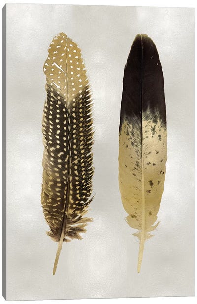 Gold Feather Pair On Silver Canvas Art Print - Feather Art