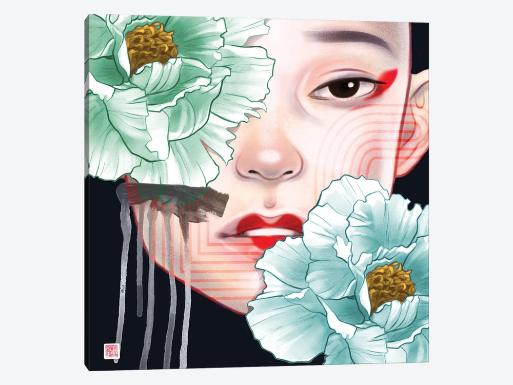 Asian Peony Blue Girl 1-piece Art Print