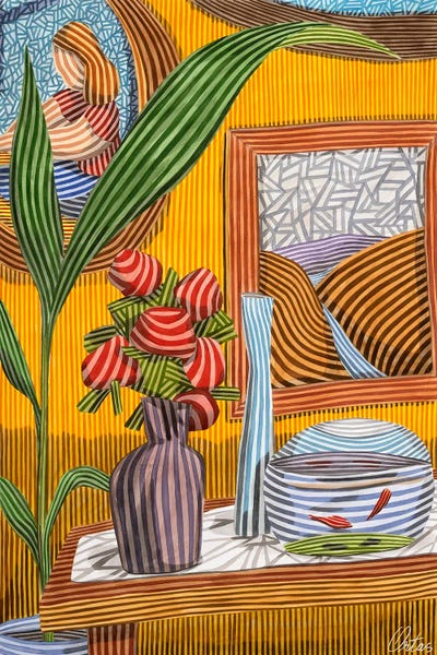 Stripes: Still Life With Fish And Red Flowers by Javier Ortas