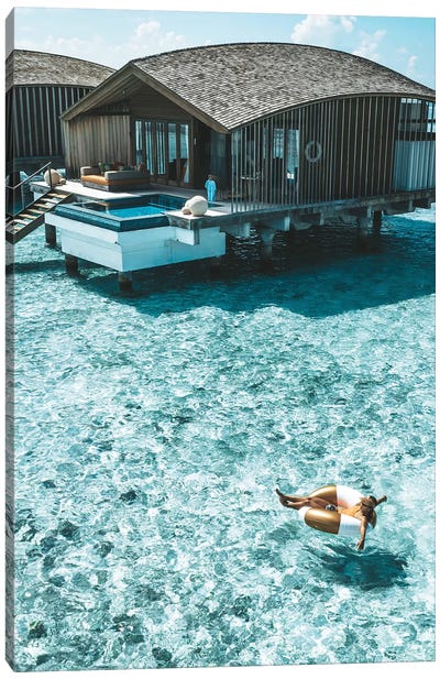 Maldives Resort Bungalows Girl Pool Ring (Tall) Canvas Art Print - James Vodicka