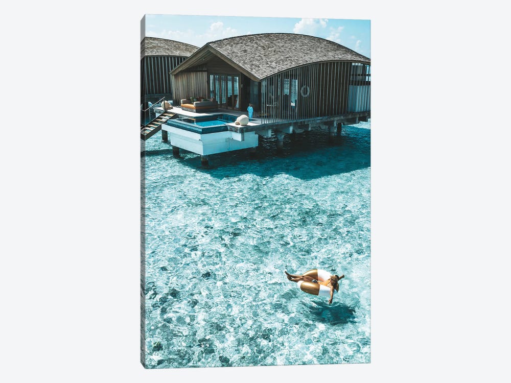 Maldives Resort Bungalows Girl Pool Ring (Tall) by James Vodicka 1-piece Canvas Print