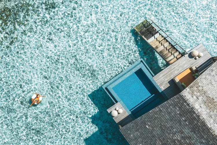 Maldives Resort Bungalows Girl Pool Ring Aerial by James Vodicka wall art