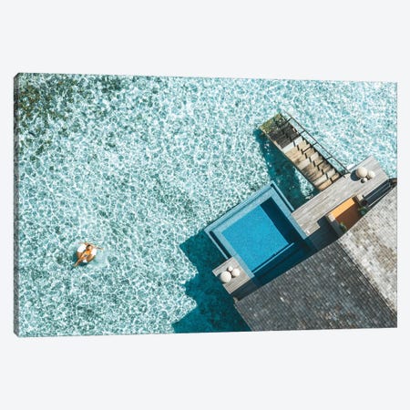 Maldives Resort Bungalows Girl Pool Ring Aerial Canvas Print #JVO101} by James Vodicka Canvas Artwork