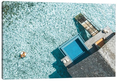 Maldives Resort Bungalows Girl Pool Ring Aerial Canvas Art Print - James Vodicka