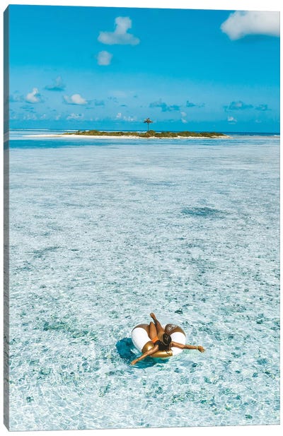 Maldives Resort Island Girl Pool Ring Canvas Art Print - Tropical Beach Art