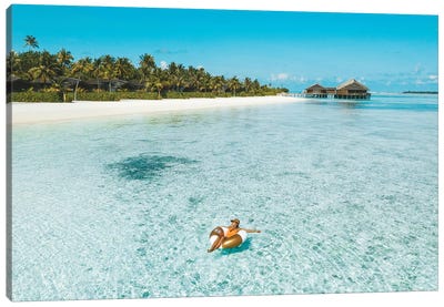 Maldives Resort Ocean Girl Pool Ring Canvas Art Print - Tropical Beach Art