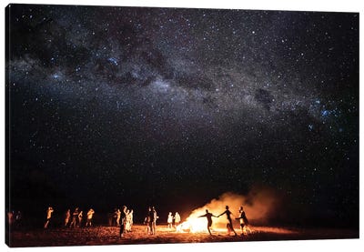 Night Beach Campfire Under Milkyway Stars Canvas Art Print - Milky Way Galaxy Art