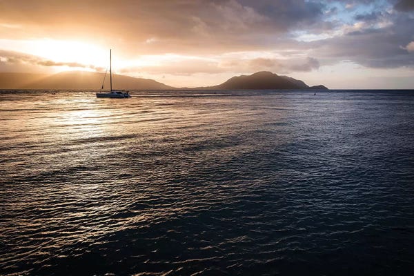 James Vodicka: Ocean Sunset Golden Rays & Yacht by James Vodicka