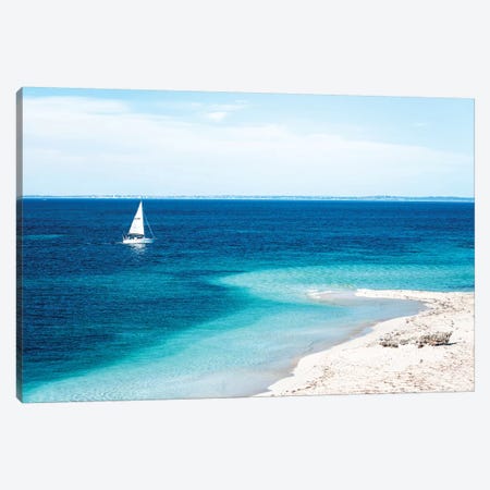 Beach with Sailing Boat Canvas Print #JVO13} by James Vodicka Canvas Print