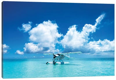 Sea Plane Resting On Turqoise Island Water Canvas Art Print - Airplane Art
