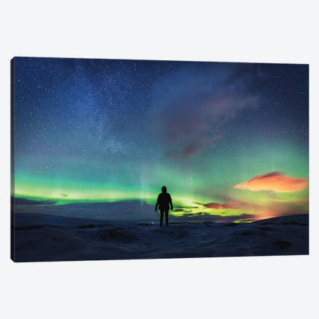 SIlhouetted Man With Aurora Northern Lights Canvas Print #JVO162} by James Vodicka Canvas Art