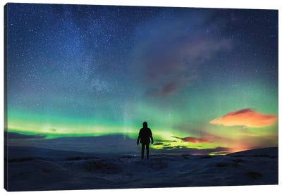 SIlhouetted Man With Aurora Northern Lights Canvas Art Print - James Vodicka