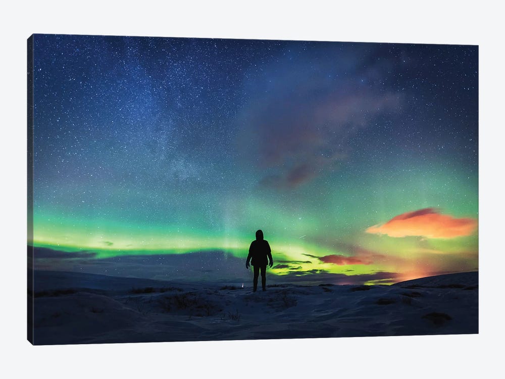 SIlhouetted Man With Aurora Northern Lights by James Vodicka 1-piece Canvas Art Print