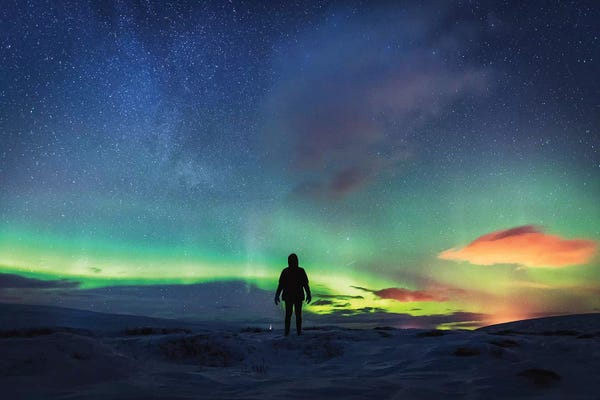James Vodicka: SIlhouetted Man With Aurora Northern Lights by James Vodicka