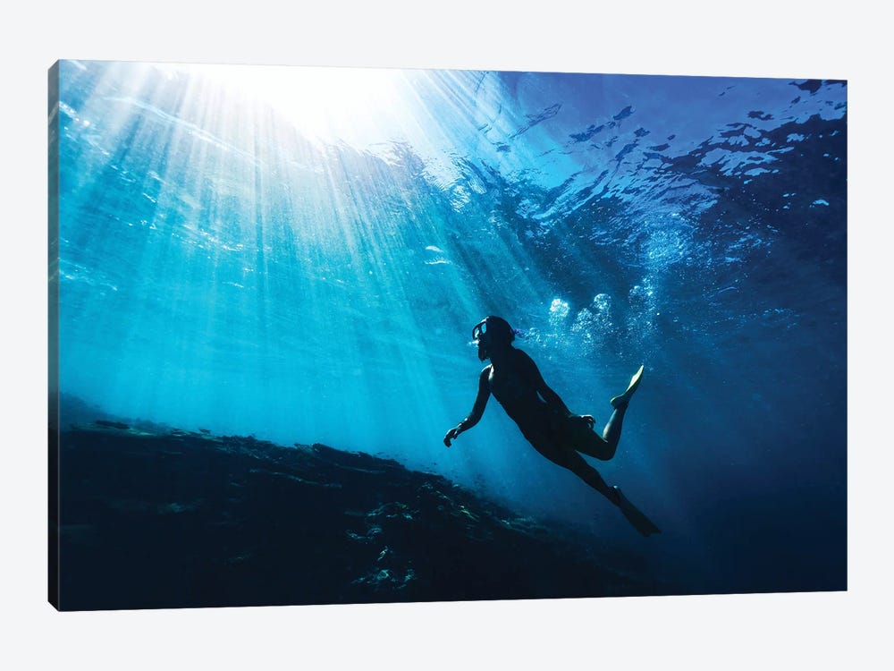 Silhouetted Snorkeller with Underwater Sun Rays by James Vodicka 1-piece Canvas Artwork