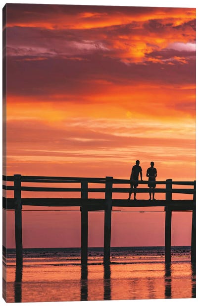 Sunset Island Jetty Silhouetted People Canvas Art Print - James Vodicka