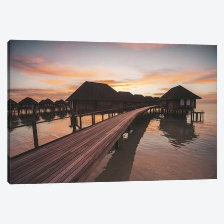 Maldives Overwater Bungalows Sunset 2 Canvas Print #JVO96} by James Vodicka Canvas Art