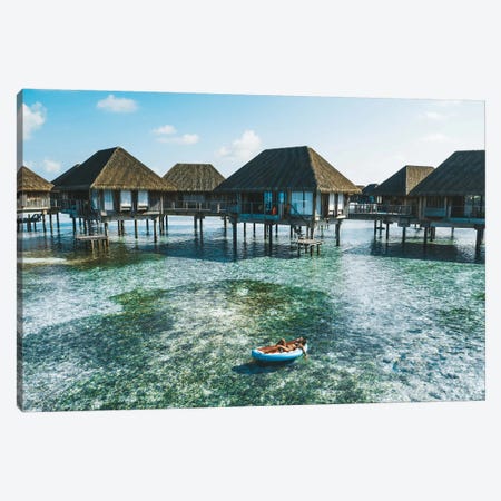 Maldives Resort Bungalows Girl Pool Float Canvas Print #JVO97} by James Vodicka Canvas Art