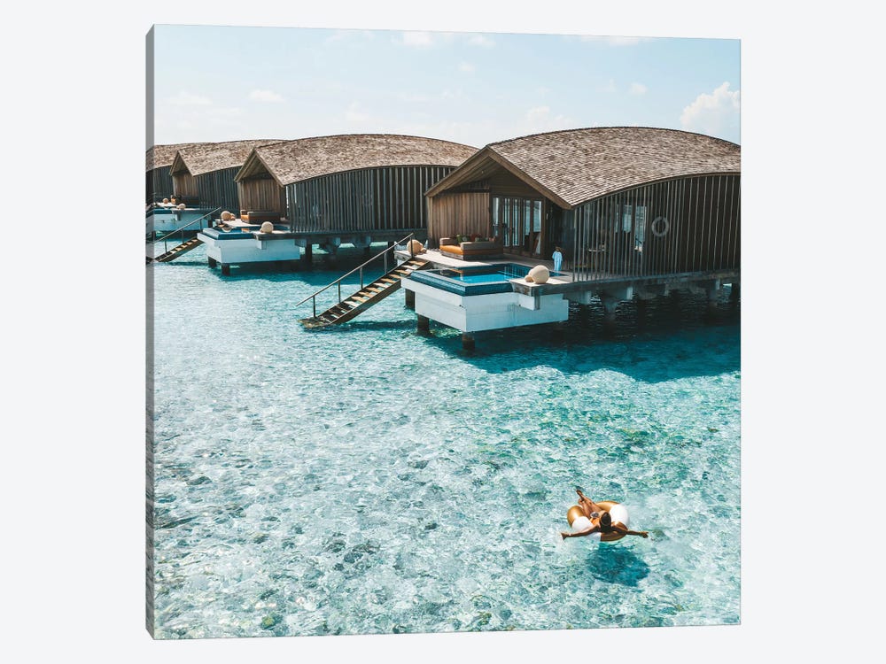Maldives Resort Bungalows Girl Pool Ring by James Vodicka 1-piece Art Print
