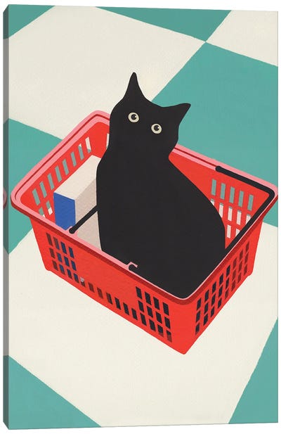 Cat In Basket Canvas Art Print - Shopping Art