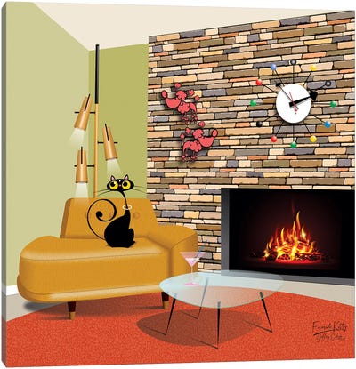Fireside Kitty Canvas Art Print - Whimsical Décor