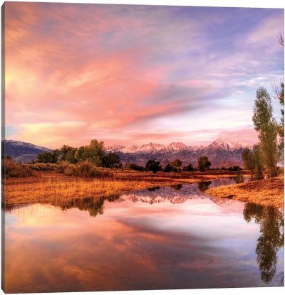 Usa, California, Bishop. Sierra Nevada Range Reflects In Pond. Canvas Art Print - Sierra Nevada Art