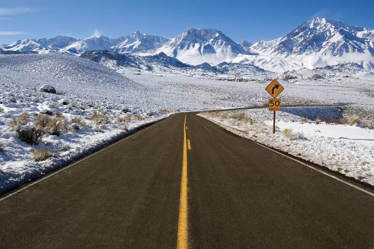 Usa, California. Road Into Sierra Nevada Mountains In Winter.