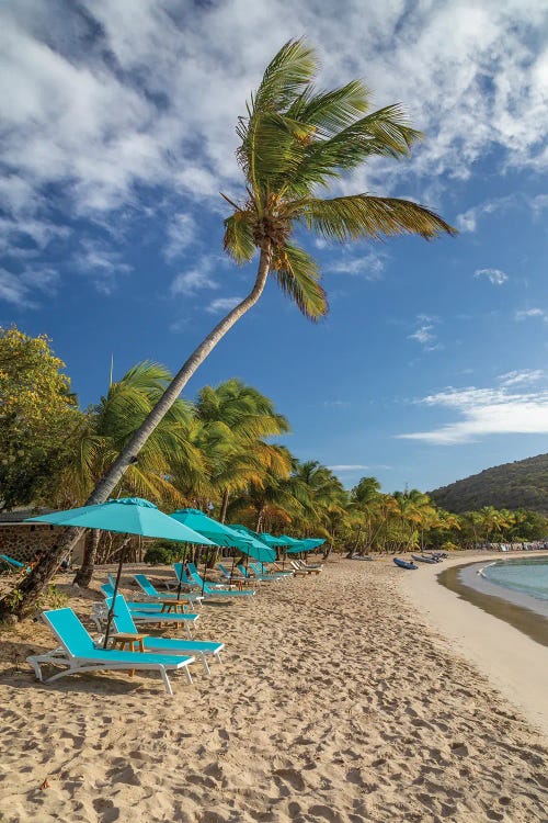 Caribbean, Grenada, Mayreau Island. Beach umbrellas and lounge chairs.