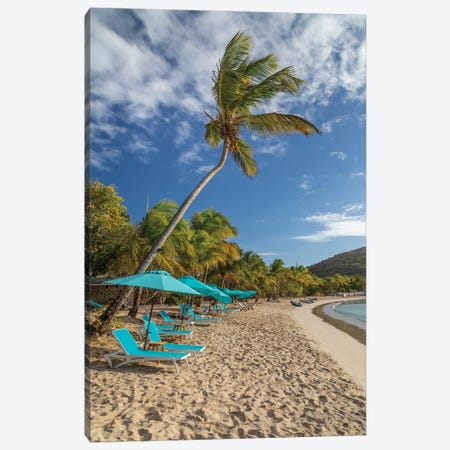 Caribbean, Grenada, Mayreau Island. Beach umbrellas and lounge chairs. Canvas Print #JYG1056} by Jaynes Gallery Art Print