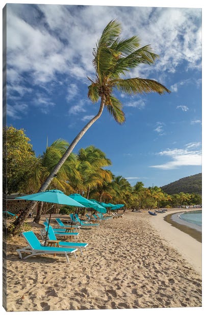 Caribbean, Grenada, Mayreau Island. Beach umbrellas and lounge chairs. Canvas Art Print
