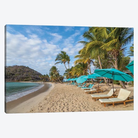 Caribbean, Grenada, Mayreau Island. Beach umbrellas and lounge chairs. Canvas Print #JYG1057} by Jaynes Gallery Art Print