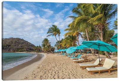 Caribbean, Grenada, Mayreau Island. Beach umbrellas and lounge chairs. Canvas Art Print - Jaynes Gallery