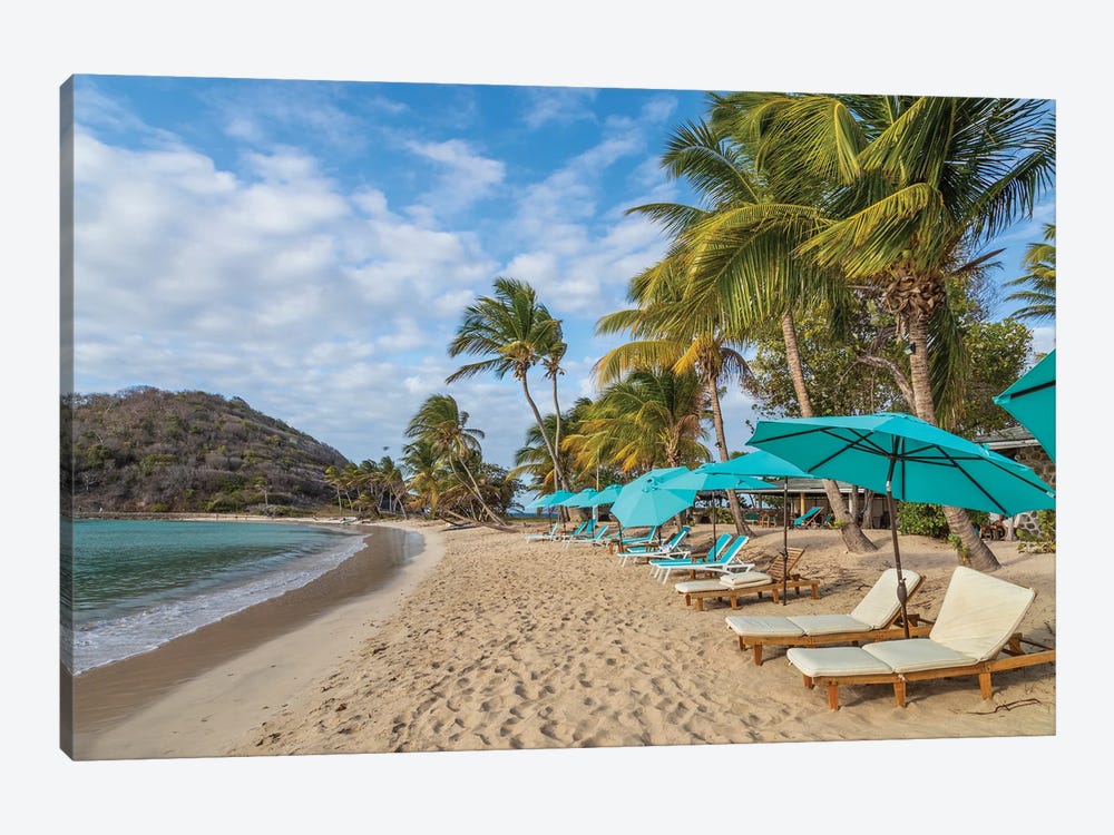 Caribbean, Grenada, Mayreau Island. Beach umbrellas and lounge chairs. by Jaynes Gallery 1-piece Canvas Art Print